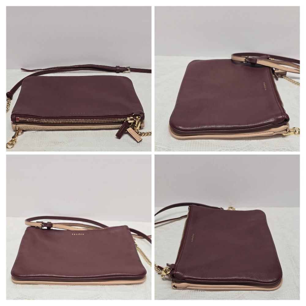 Sandro Addict Two Tone Burgundy Beige Genuine Leather Crossbody Bag Purse - Picture 3 of 8